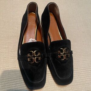 Tory Burch Black Suede Flats with Gold Logo